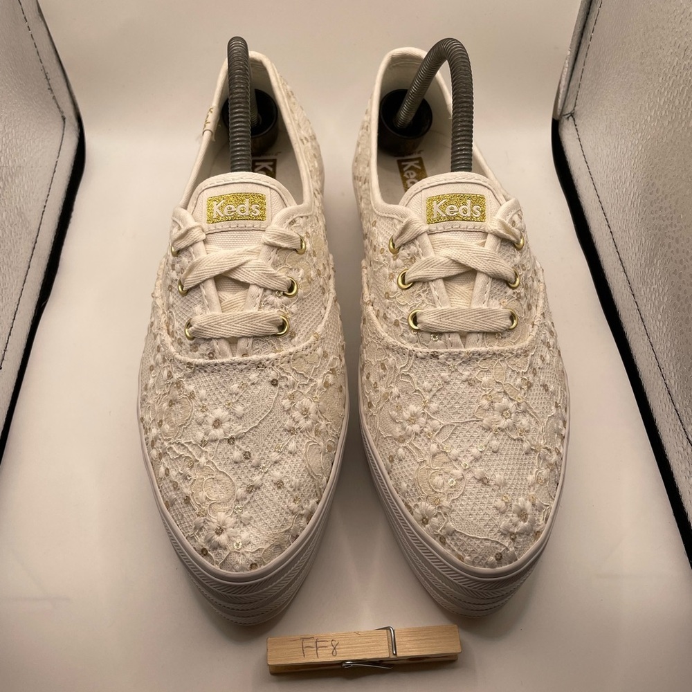 Keds Lace Platform Sneakers in Cream with Gold Accents - Picture 3 of 9